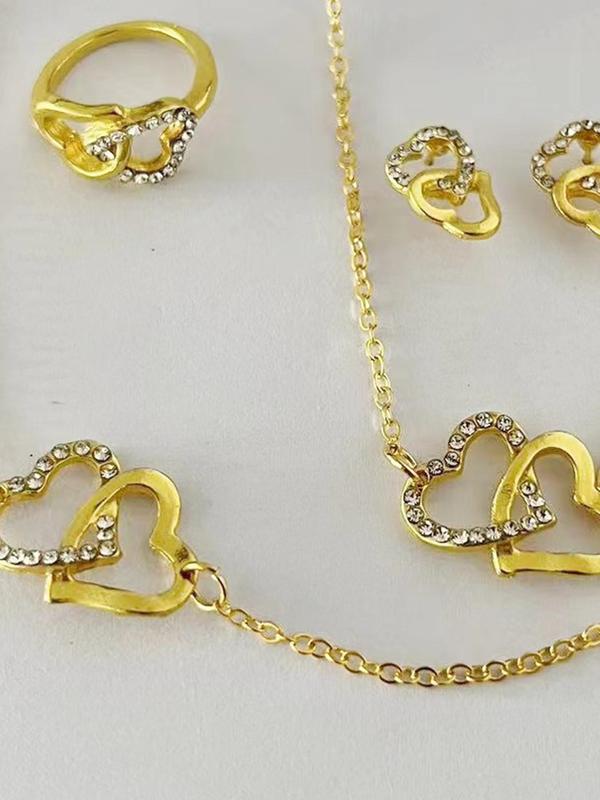 Heart Shaped Rhinestone Decorated Jewelry Set, Elegant Necklace & Earrings & Ring & Bracelet, Fashion Accessories for Women & Girls