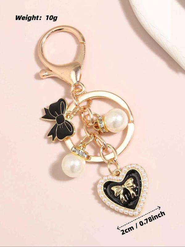 Fashion Heart & Bow & Faux Pearl Decor Keychain, Cute Keychain for Women & Girls, Keychain for Car, Key, Trendy All-match & Exquisite Keychain for Birthday Gift