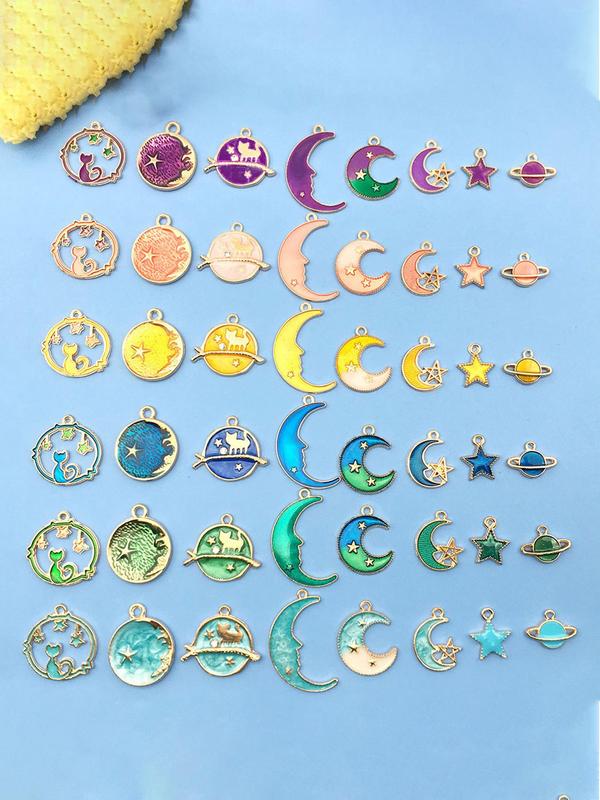 Cute Cat & Moon & Star Design Charms, 8pcs 48pcs Set Fashionable Diy Jewelry Accessories for Bracelet & Necklace & Earrings, Trendy All-match & Exquisite Diy Jewelry for Birthday Gift