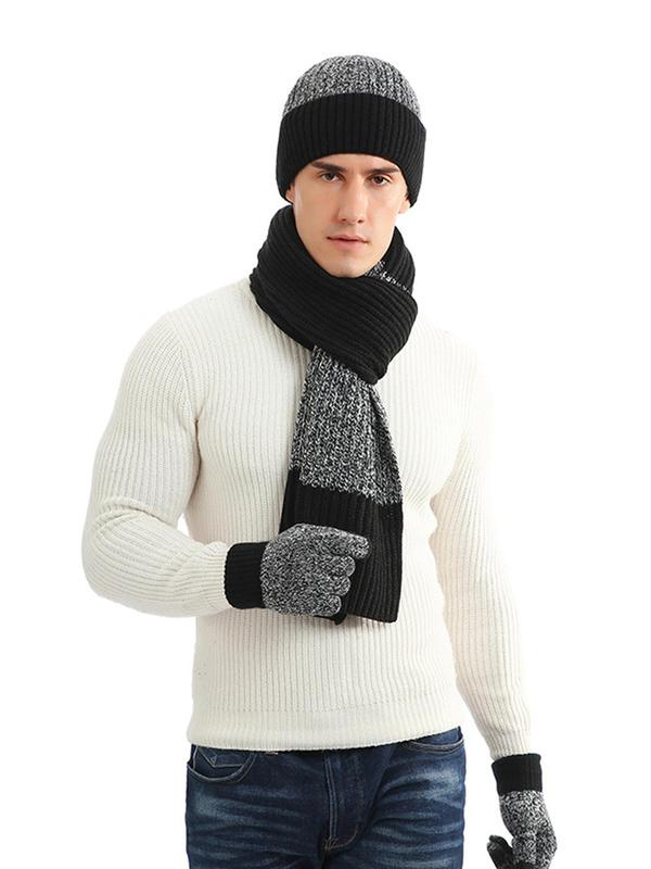 Men's Colorblock Beanie Hat & Scarf & Gloves Set, Casual Thickened Warm Hat Scarf Gloves Set for Fall & Winter, Fashion Accessories for Men