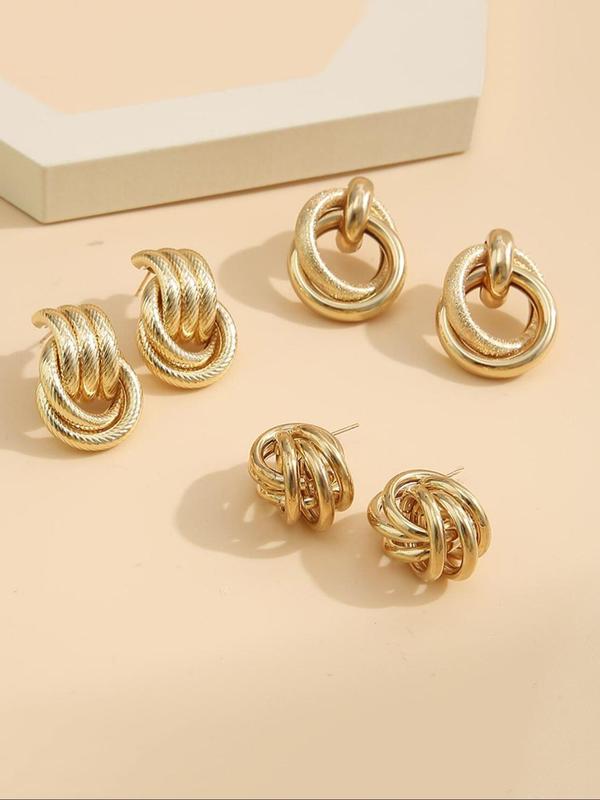 3 Pairs Women's Elegant Trendy Multilayer Twist Design Stud Earrings, Circle Design Stud Earrings, Simple Style Plain Color Casual Stud Earrings For Daily & Party