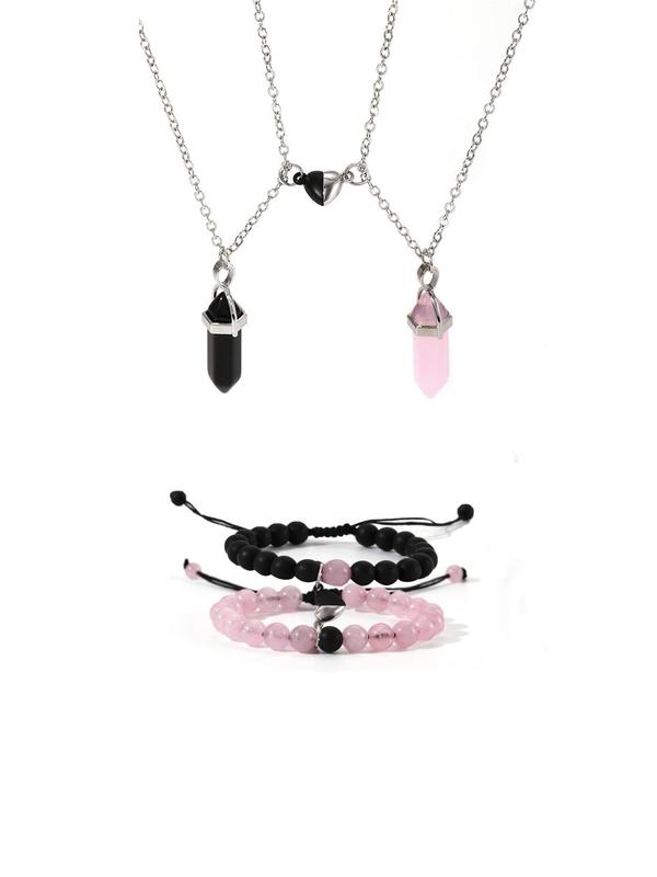 Fashionable Natural Stone Beaded Bracelet & Pendant Necklace & Magnetic Heart Charm, Trendy All-match & Exquisite Jewelry As Gift