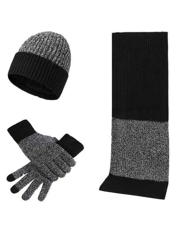 Men's Colorblock Beanie Hat & Scarf & Gloves Set, Casual Thickened Warm Hat Scarf Gloves Set for Fall & Winter, Fashion Accessories for Men