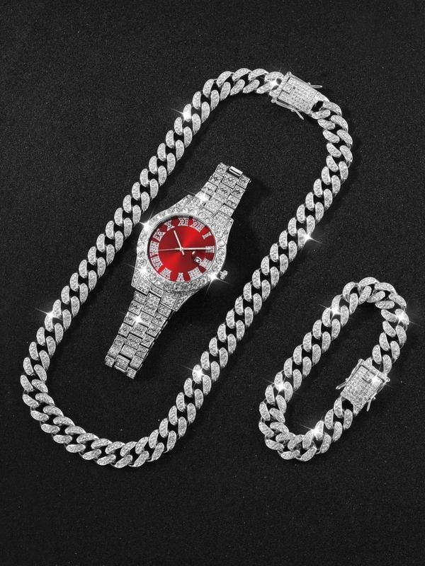 Men's Rhinestone Decor Round Analog Quartz Watch & Cuban Chain Bracelet & Necklace, Date Feature Watch Set for Party, Daily Clothing Decor, Trendy & Exquisite Watch Set for Gift