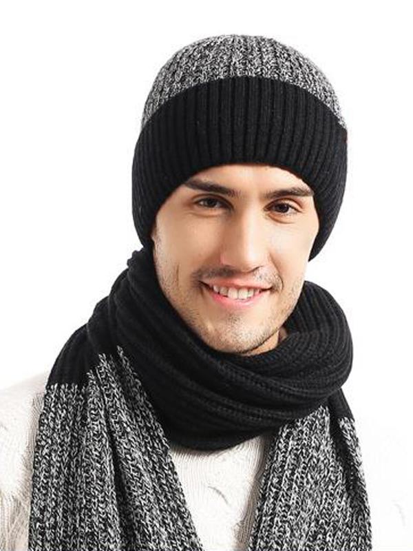 Men's Colorblock Beanie Hat & Scarf & Gloves Set, Casual Thickened Warm Hat Scarf Gloves Set for Fall & Winter, Fashion Accessories for Men