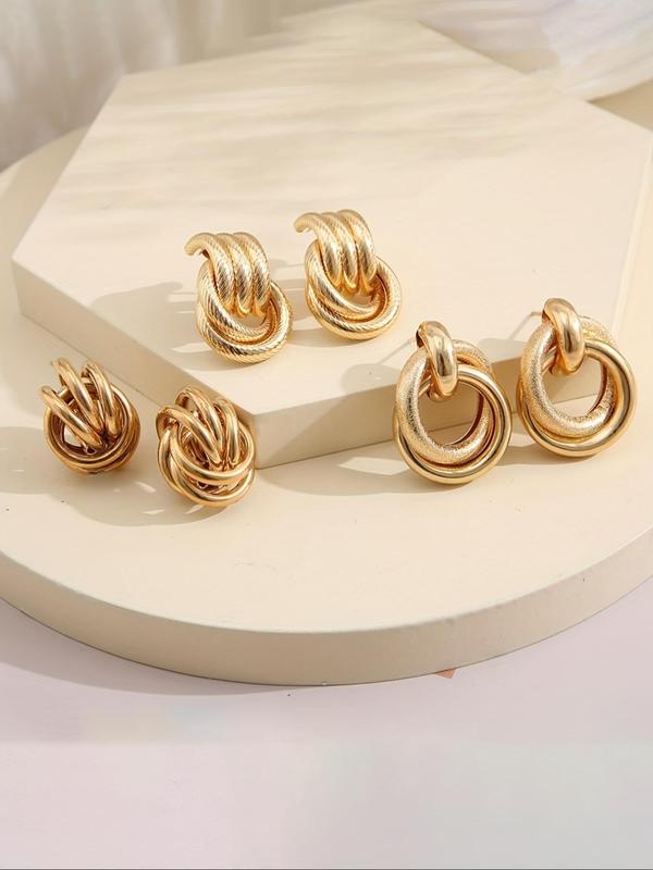 3 Pairs Women's Elegant Trendy Multilayer Twist Design Stud Earrings, Circle Design Stud Earrings, Simple Style Plain Color Casual Stud Earrings For Daily & Party