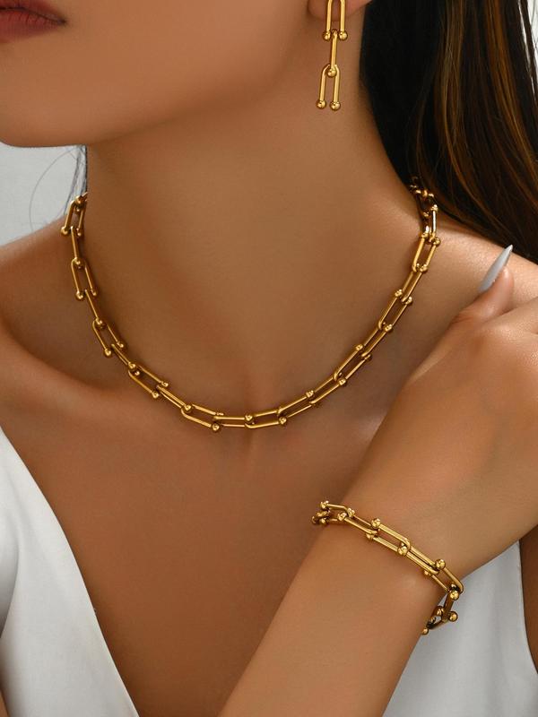 Women's Exaggerated U-shaped Chain Necklace & Earrings & Bracelet, Exquisite Trendy Jewelry Set, Fashionable Vintage Jewelry Set for Daily & Party Decor