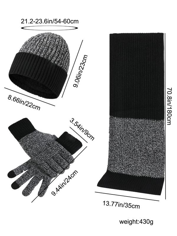 Men's Colorblock Beanie Hat & Scarf & Gloves Set, Casual Thickened Warm Hat Scarf Gloves Set for Fall & Winter, Fashion Accessories for Men