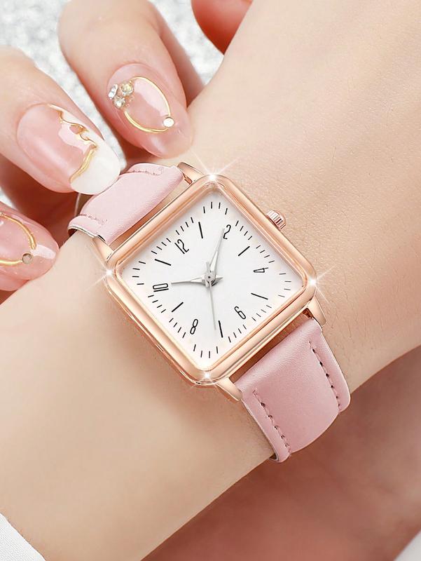 3pcs Set Women's Fashion Casual Numeric Scale Square Dial Quartz Wrist Watch And Belt Combo