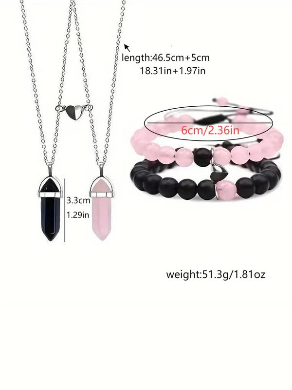 Fashionable Natural Stone Beaded Bracelet & Pendant Necklace & Magnetic Heart Charm, Trendy All-match & Exquisite Jewelry As Gift