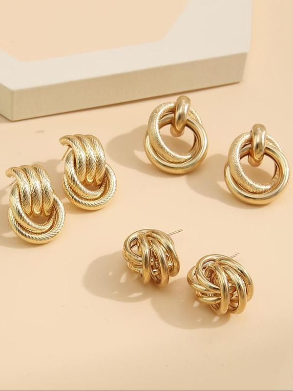 3 Pairs Women's Elegant Trendy Multilayer Twist Design Stud Earrings, Circle Design Stud Earrings, Simple Style Plain Color Casual Stud Earrings For Daily & Party