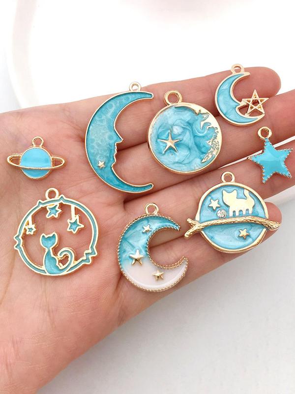 Cute Cat & Moon & Star Design Charms, 8pcs 48pcs Set Fashionable Diy Jewelry Accessories for Bracelet & Necklace & Earrings, Trendy All-match & Exquisite Diy Jewelry for Birthday Gift