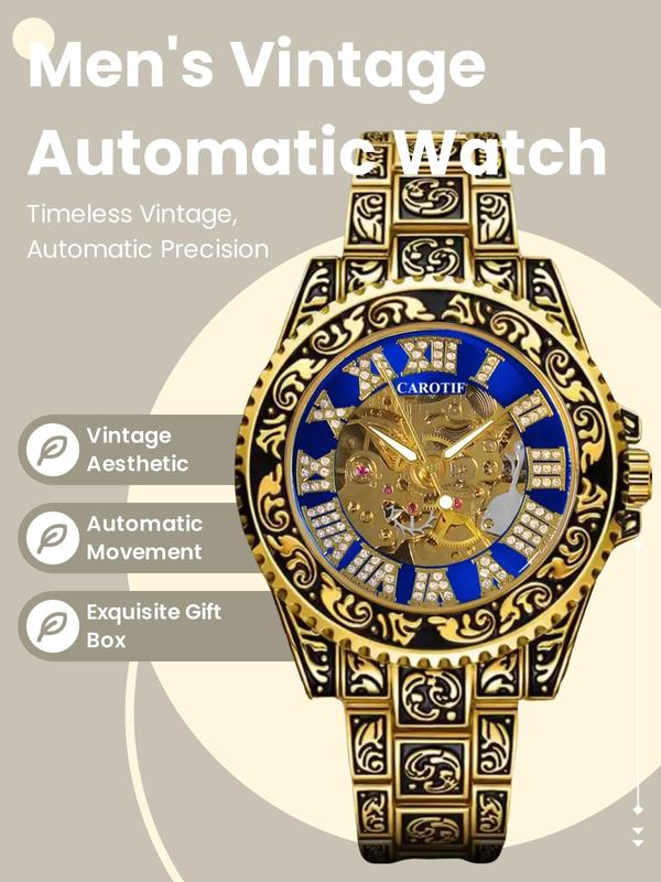 Men's Vintage Round Dial Full Automatic Mechanical Watch, Fashion Retro Watch for Men for Party, Daily Decor, Trendy All-match & Exquisite Watch for Birthday Gift with Box