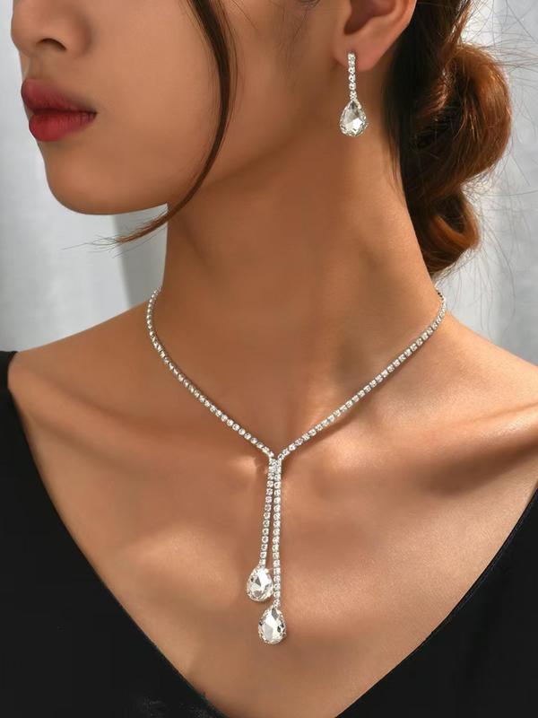 Women's Elegant Rhinestone Decorated Necklace & Dangle Earrings, Exquisite Trendy Jewelry Set, Fashionable Accessories for Party & Daily Clothing Decor