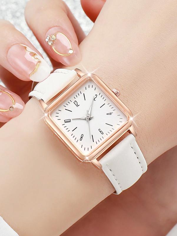 3pcs Set Women's Fashion Casual Numeric Scale Square Dial Quartz Wrist Watch And Belt Combo