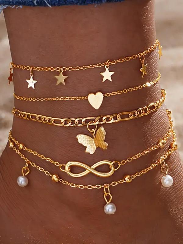 Women's Elegant Faux Pearl Double Layer Anklet, Butterfly & Heart & Star Decorated Anklet, Fashion Trendy Exquisite Jewelry for Beach Party for Gift