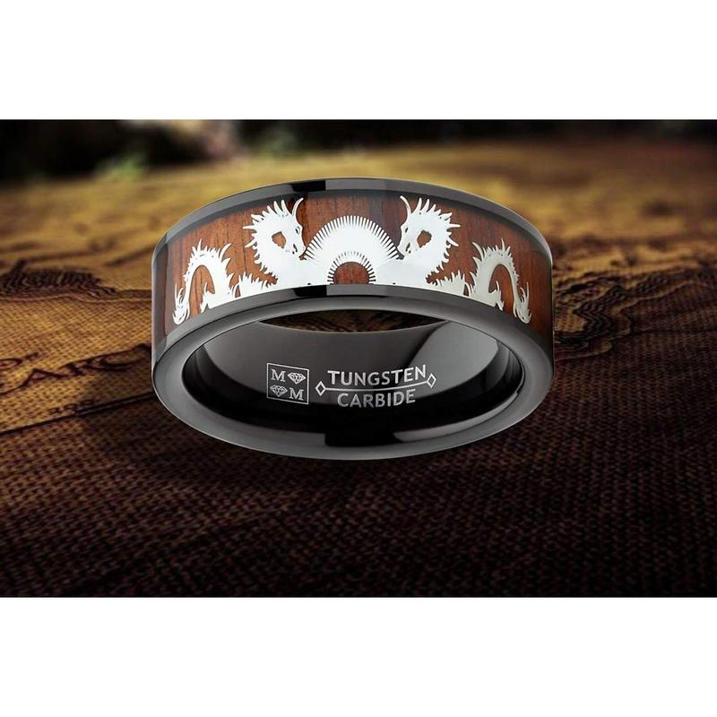 Tungsten Carbide Ring Band Wood Inlay 8MM Black Brown