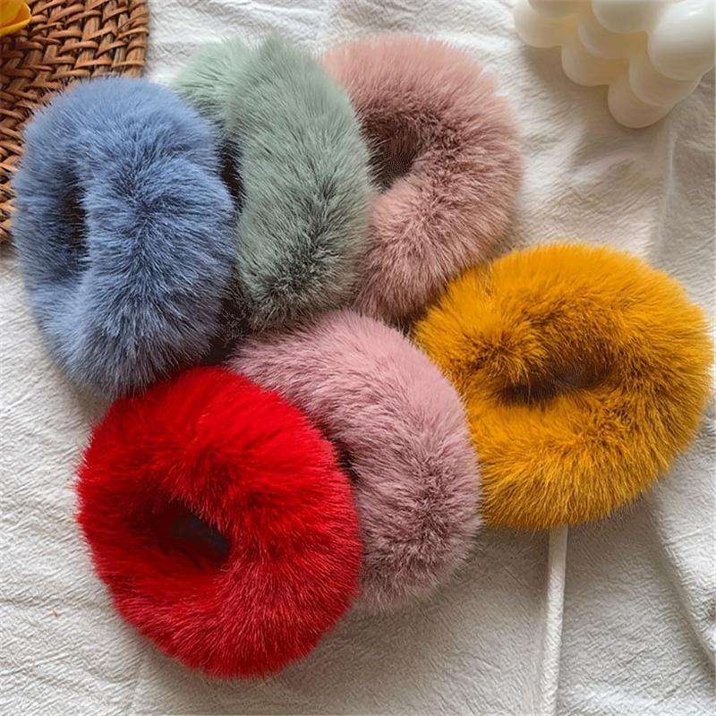 6 PCs Artificial Hair Ring Furry Hair with Hair Fluff Hair Band Hair Rope Wristband Hair Ring Horse Tail Clip Hair Accessories Women Daily Use Multicolor