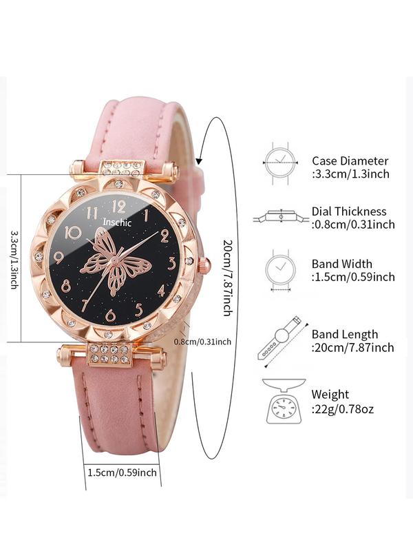 Women's Analog Luxury Watches & Summer Jewelry Set, Quartz Wristwatch & Butterfly Necklace & Bracelet & Earrings & Ring, Girlfriend Gifts without Box