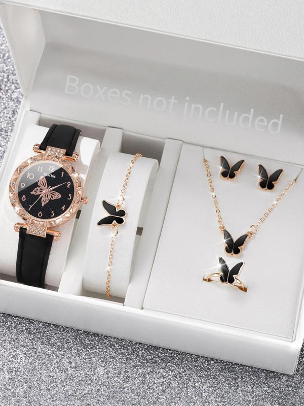 Women's Analog Luxury Watches & Summer Jewelry Set, Quartz Wristwatch & Butterfly Necklace & Bracelet & Earrings & Ring, Girlfriend Gifts without Box