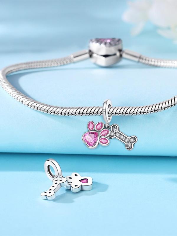 S925 Sterling Silver Cute Paw Print Design Pendant, Artificial Zircon Decor Pendant for DIY Bracelet & Necklace, Fashion Jewelry Accessories for Women & Girls