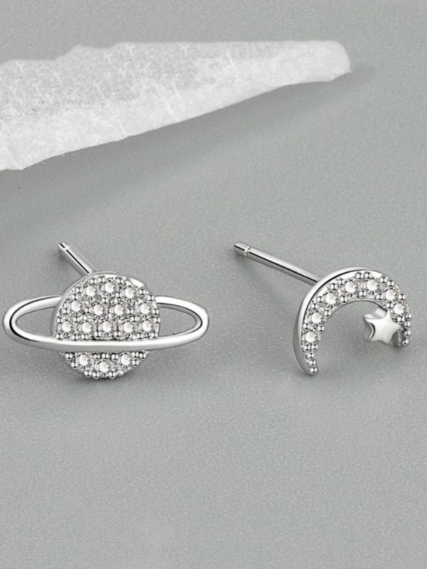 Fashionable Asymmetric Moon & Star Design Earrings,  Rhinestone Decor Stud Earrings, Elegant All-match Jewelry for Girls Gift, Female Classic Fashion Accessories for Daily Wear