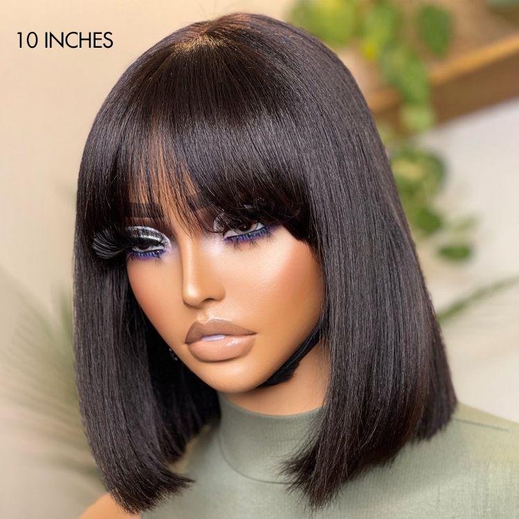 Put On And Go Realistic Glueless Yaki Straight Bob With Bangs Minimalist Undetectable HD Lace Wig