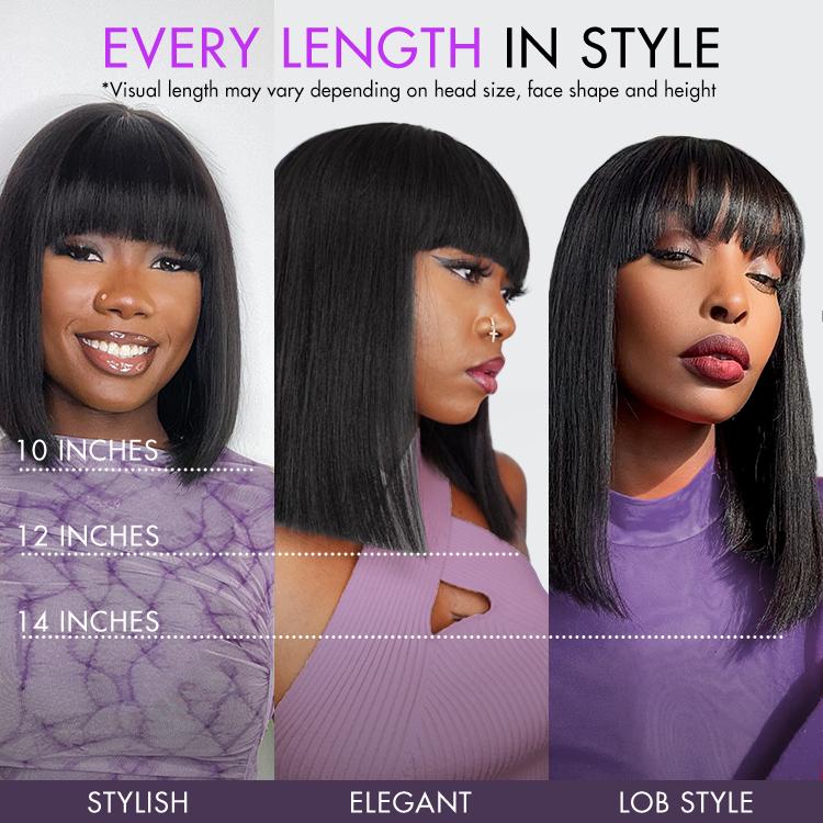 Put On And Go Realistic Glueless Yaki Straight Bob With Bangs Minimalist Undetectable HD Lace Wig