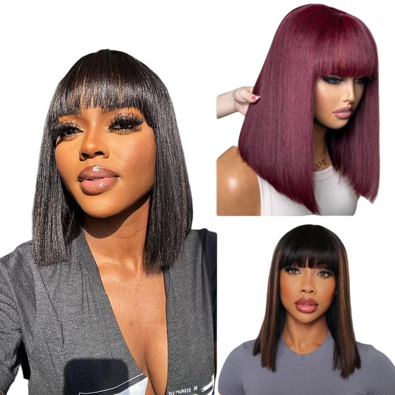 Put On And Go Realistic Glueless Yaki Straight Bob With Bangs Minimalist Undetectable HD Lace Wig