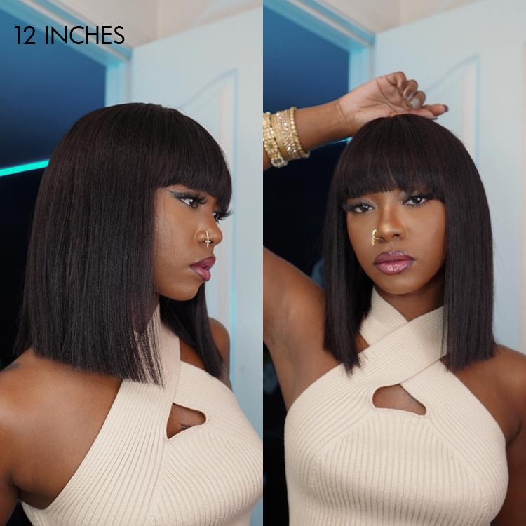 Put On And Go Realistic Glueless Yaki Straight Bob With Bangs Minimalist Undetectable HD Lace Wig