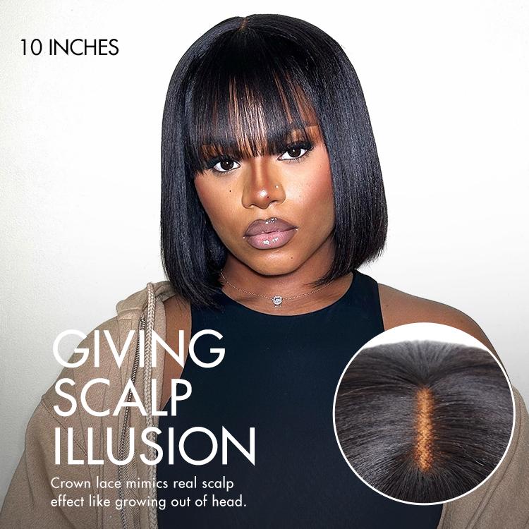 Put On And Go Realistic Glueless Yaki Straight Bob With Bangs Minimalist Undetectable HD Lace Wig