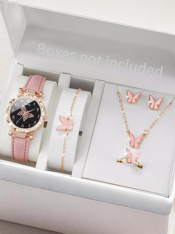 Women's Analog Luxury Watches & Summer Jewelry Set, Quartz Wristwatch & Butterfly Necklace & Bracelet & Earrings & Ring, Girlfriend Gifts without Box