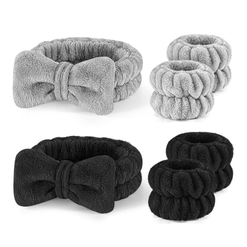 6 count Spa Headband and Wristband Set, Skincare Makeup Headband for Washing Face,Towels Wrist band for Women Girls  Liquid Spilling from Arms (Black+Grey)