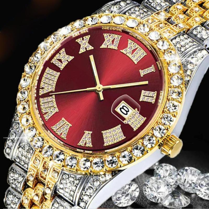 Men's Diamond Watch Fashion Crystal Rhinestone Quartz Analog Watch Iced-Out Bracelet Wrist Watch