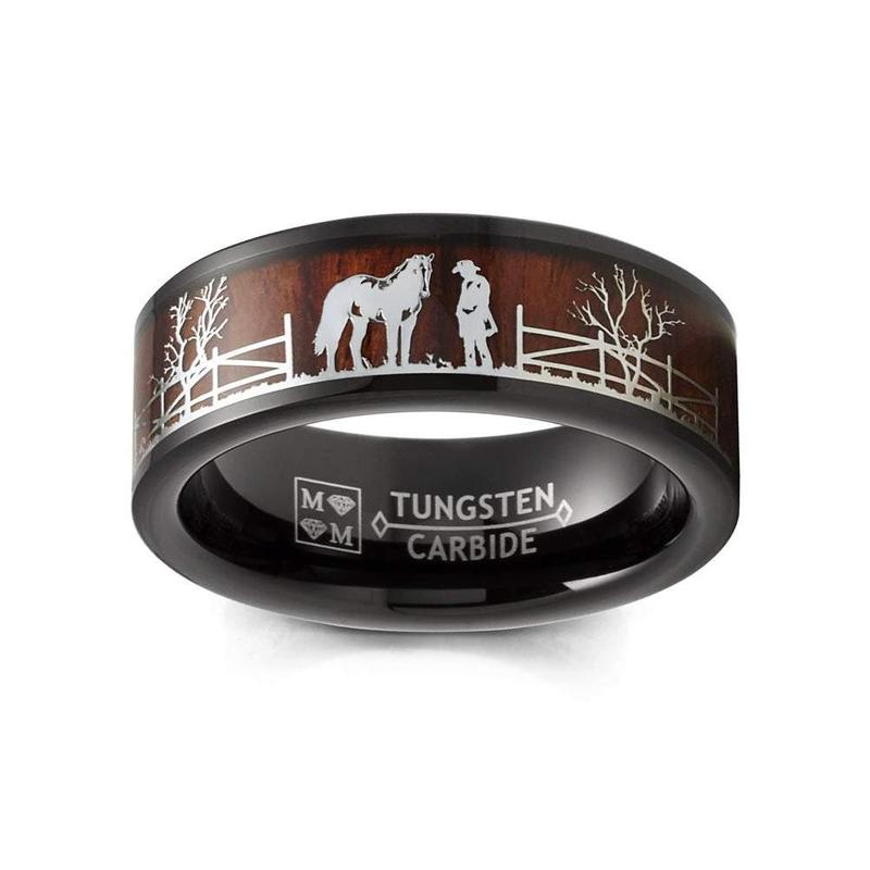 Tungsten Carbide Ring Band Wood Inlay 8MM Black Brown