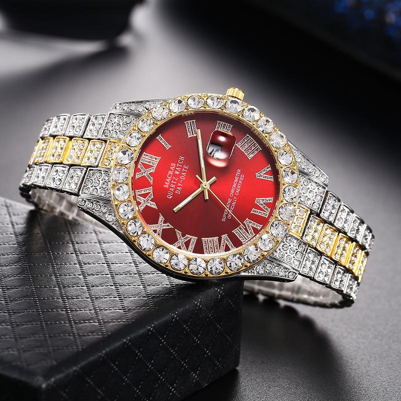 Men's Luxury Rhinestone DecoratedRound Dial Quartz Watch, Fashionable Exquisite Back ToSchool Wristwatch, Trendy Watch forParty, Daily Clothing Decor AsBoyfriend Gifts, Fall Outfits, FallFreshness Fall, 80s Fashion