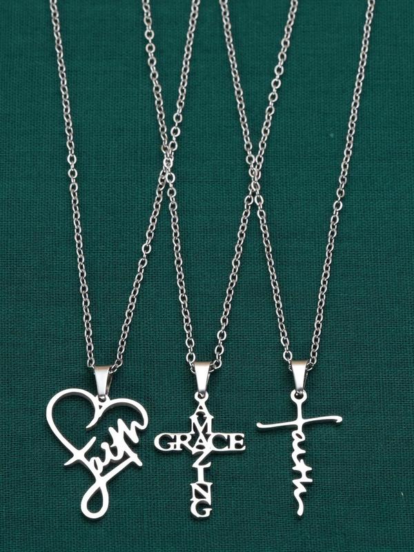 Cross & Letter Themed Earrings & Pendant Necklace, Heart Shaped Letter Slogan Pendant Earrings, Fashion Jewelry Accessories for Women & Men