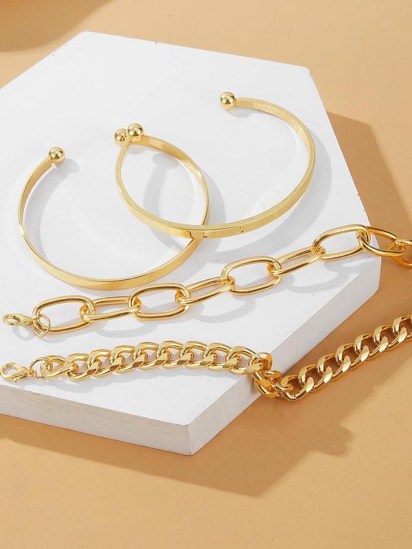 Fashion Letter Decor Hollow Out Cuff Bangle & Link Chain Bracelet, Casual Simple Alloy Jewelry Accessories for Women