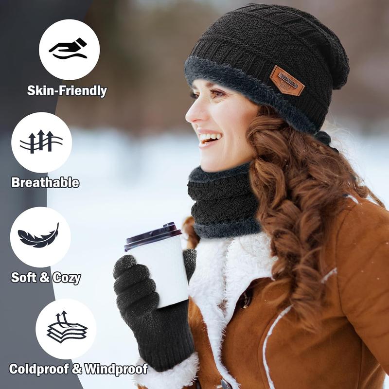 Winter Beanie Hat Circle Scarves Touchscreen Gloves Set, Warm Thick Fleece Lined  Cap Gloves Neck Warmer for Women Men