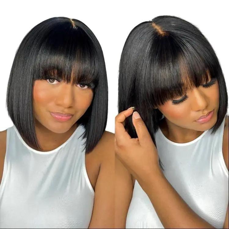 Put On And Go Realistic Glueless Yaki Straight Bob With Bangs Minimalist Undetectable HD Lace Wig