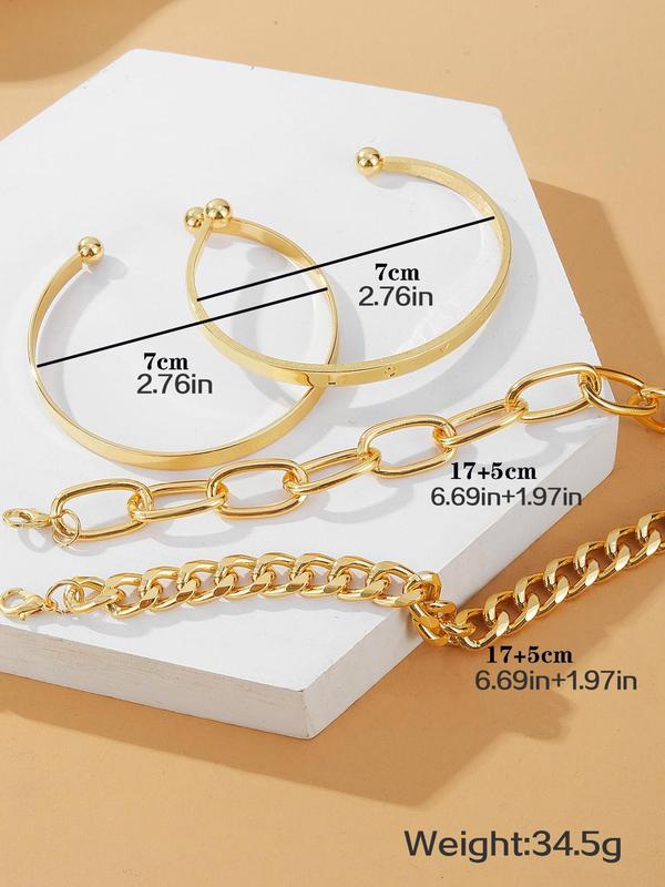 Fashion Letter Decor Hollow Out Cuff Bangle & Link Chain Bracelet, Casual Simple Alloy Jewelry Accessories for Women