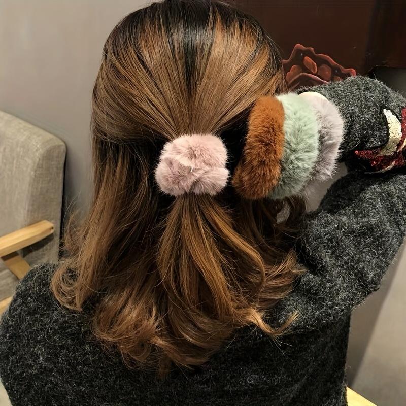 6 PCs Artificial Hair Ring Furry Hair with Hair Fluff Hair Band Hair Rope Wristband Hair Ring Horse Tail Clip Hair Accessories Women Daily Use Multicolor