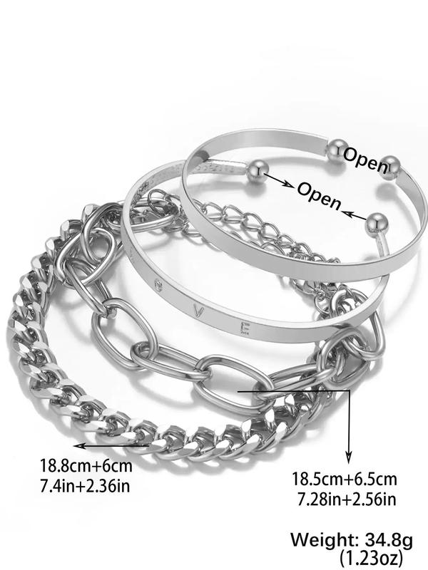 Fashion Letter Decor Hollow Out Cuff Bangle & Link Chain Bracelet, Casual Simple Alloy Jewelry Accessories for Women