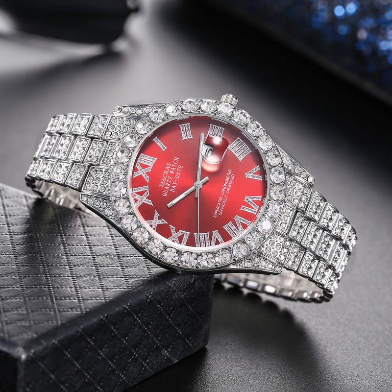 Men's Luxury Rhinestone DecoratedRound Dial Quartz Watch, Fashionable Exquisite Back ToSchool Wristwatch, Trendy Watch forParty, Daily Clothing Decor AsBoyfriend Gifts, Fall Outfits, FallFreshness Fall, 80s Fashion