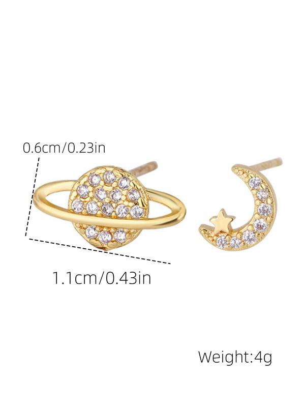 Fashionable Asymmetric Moon & Star Design Earrings,  Rhinestone Decor Stud Earrings, Elegant All-match Jewelry for Girls Gift, Female Classic Fashion Accessories for Daily Wear