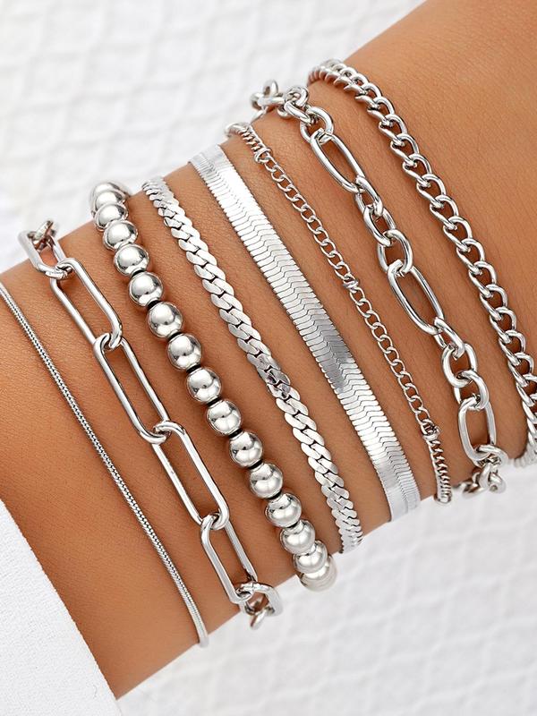 Chain & Beaded Decor Link Bracelet, Casual Plain Zinc Alloy Hand Jewelry for Women, Daily Clothing Decor, Summer Chains Bracelets Jewelry for Birthday Gift Fall