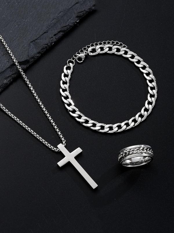 Men's Chain Design Cross Pendant Necklace & Ring & Bracelet, Fashion Jewelry for Party, Daily Clothing Decor, Trendy All-match & Exquisite Jewelry for Birthday Gift