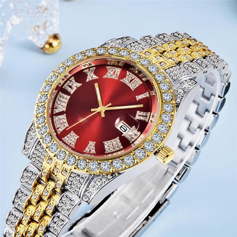 Men's Diamond Watch Fashion Crystal Rhinestone Quartz Analog Watch Iced-Out Bracelet Wrist Watch