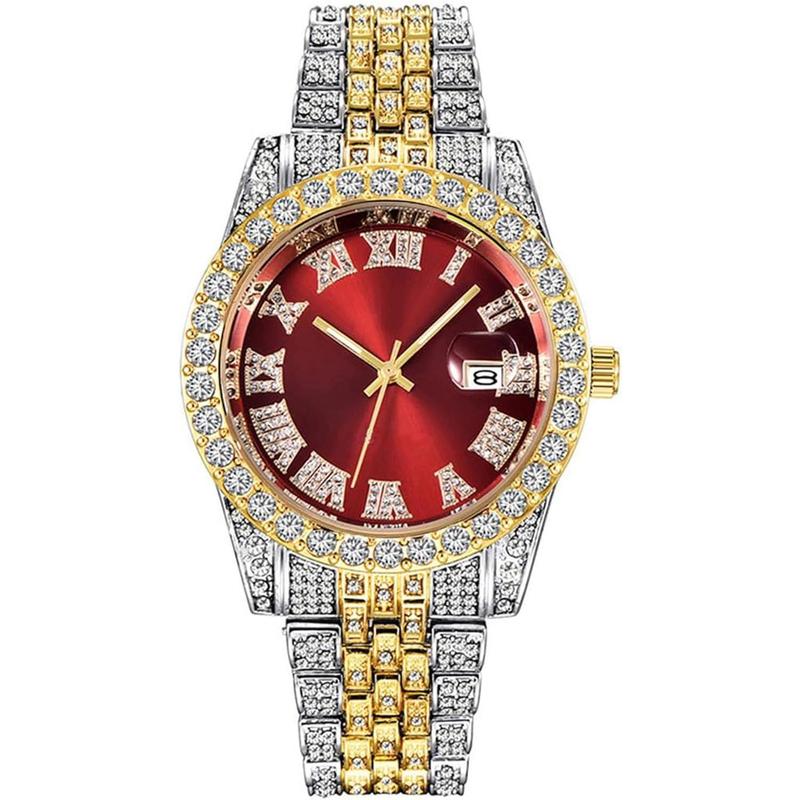 Men's Diamond Watch Fashion Crystal Rhinestone Quartz Analog Watch Iced-Out Bracelet Wrist Watch