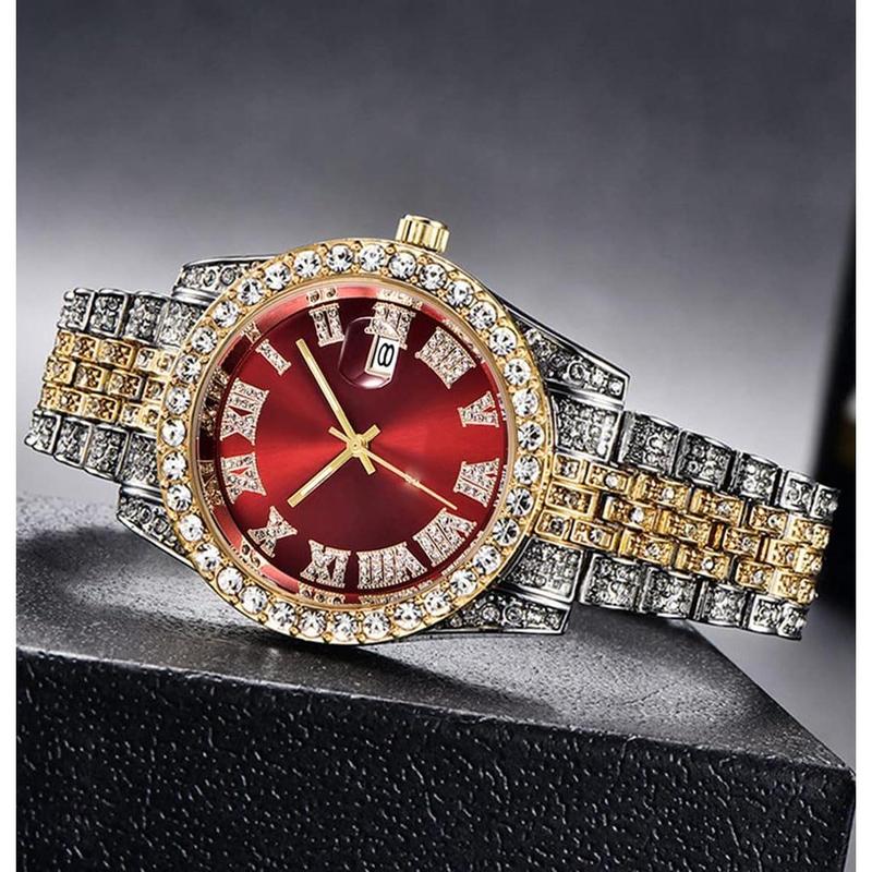 Men's Diamond Watch Fashion Crystal Rhinestone Quartz Analog Watch Iced-Out Bracelet Wrist Watch